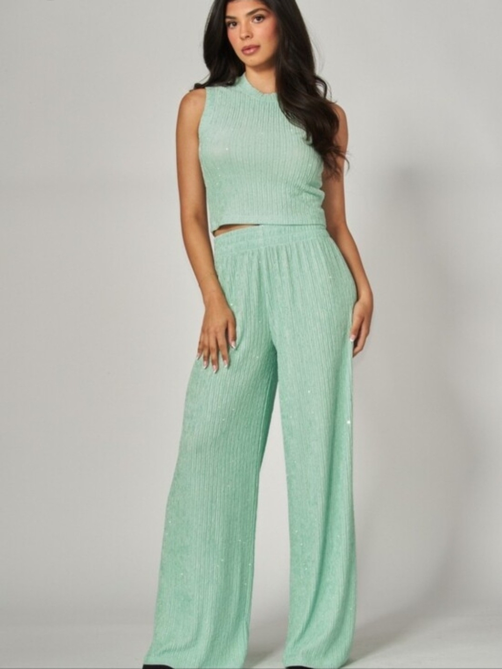Matching Set: Mint Ribbed Wide-Leg Pants & Top
